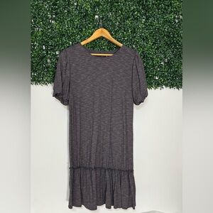 Garnet Hill TENCEL LYOCELL Cotton Grey Ruffle Hem Puff Sleeve Midi Dress Size M